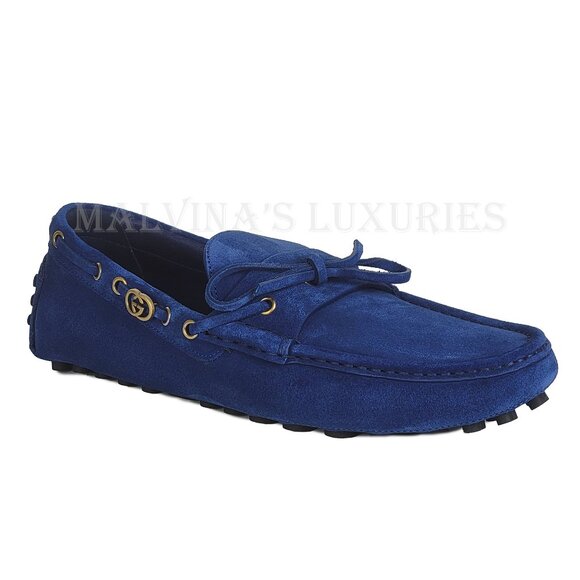 GUCCI SHOES MENS DRIVER BLUE SUEDE LEATHER INTERLOCKING G LOGO sz 10.5 11 US - Picture 8 of 16